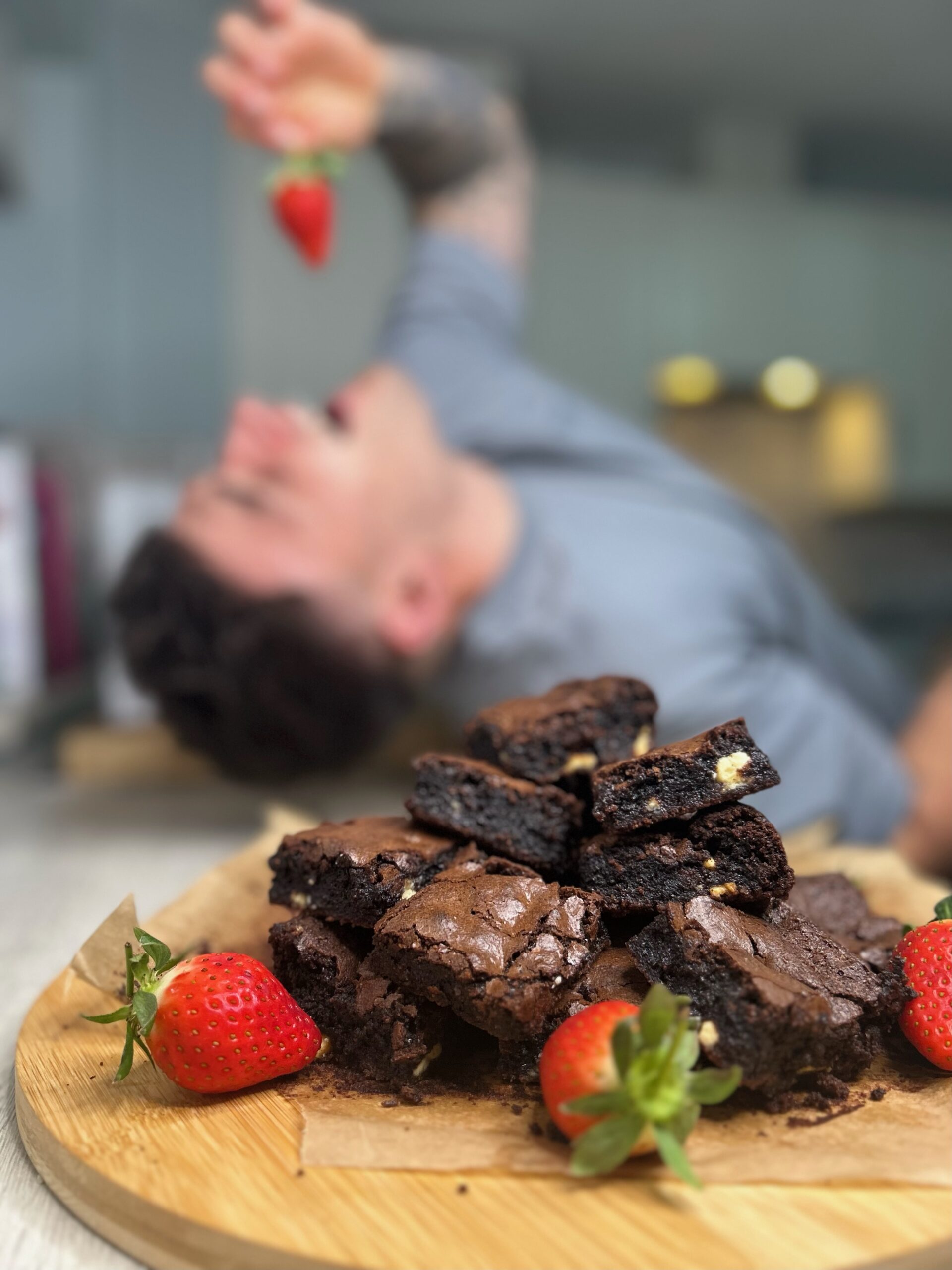 Mattys Best Brownies, with matty eating a strawberry in thebackground